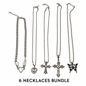 Silver Y2K Gothic Necklace Lot Cross Butterfly Fairy Angel Wing Heart 6pc Bundle